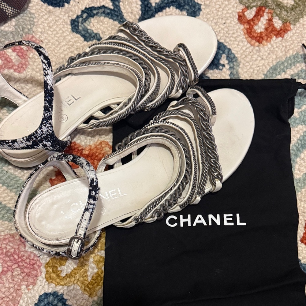 CHANEL 15S Tweed Silver Chains Toe Ring Thong Strappy Flat Sandals Shoes $1175
